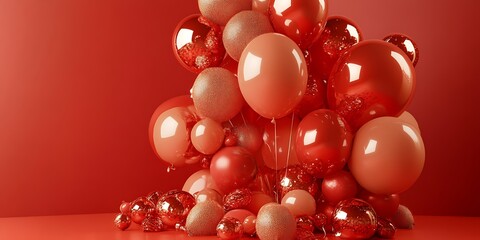 Shiny & matte balloons, red/coral, fill corner. A mix of texture and light, bright and festive