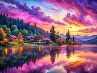 Fototapeta premium Hand-Drawn Purple Pink Sunset Landscape with Village, Mountains, and Water Reflection - Oil Painting Style