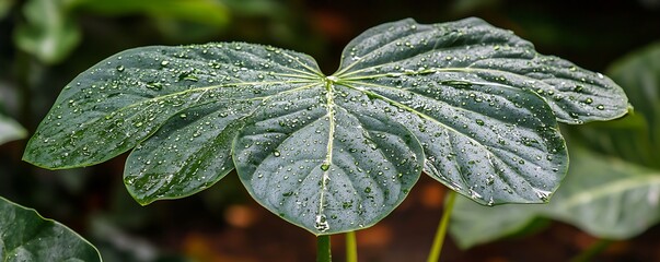 Drenched Leaf Vivid closeup of an exotic, dark green leaf, adorned with numerous water droplets in lush setting