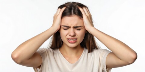 Fototapeta premium A young woman appears distressed, gripping her head in frustration, conveying a sense of overwhelming stress or headache.