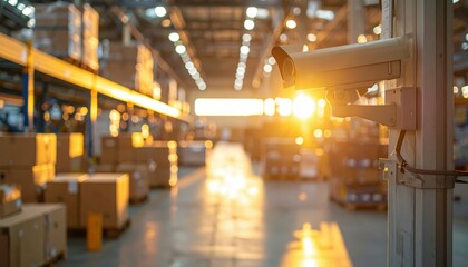 Security Camera Monitoring Warehouse at Sunset with Cardboard Boxes