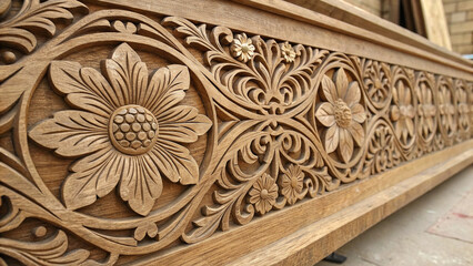 Naklejka premium Nature in Detail: Floral Patterns in Hand-Carved Wood 