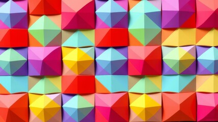 Obraz premium Vibrant colorful geometric paper shapes create a textured repeating pattern background ideal for modern design projects and presentations.