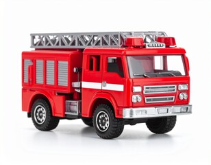 Red toy fire truck with ladder against a white background