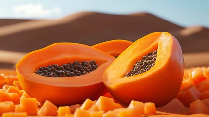 Ripe papaya halves, seeds visible, surrounded by diced papaya pieces on a desert sand backdrop