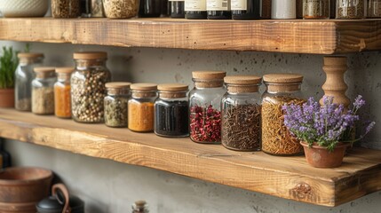 Kitchen shelf with natural jars and dried herbs © The prominence