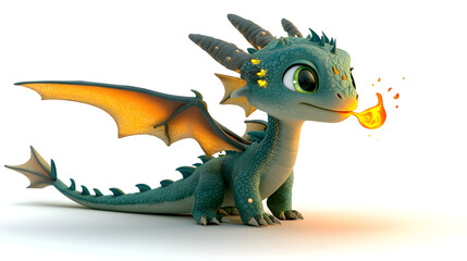 Obraz premium A small green dragon with yellow wings and a yellow flame on its mouth