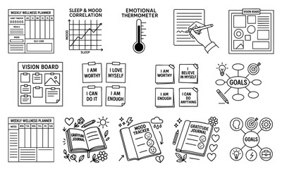 stress management wellbeing routine concept. Wellness planner and motivational graphics for personal growth.