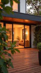 cozy modern home with warm lighting, featuring wooden deck and lush greenery surrounding entrance. inviting interior showcases comfortable living