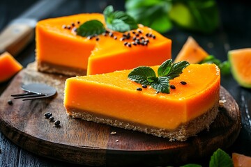 Two vibrant orange slices of creamy cheesecake, atop a rustic wooden board, garnished with mint and dark seeds
