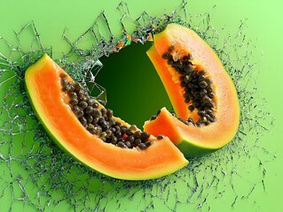 Two papaya halves burst through shattered glass against a green backdrop