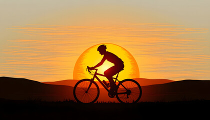 Obraz premium Graceful cyclist pedaling against a fiery sunset backdrop, hand-drawn digital illustration. with white shades