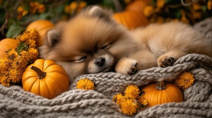 Adorable puppy napping amongst pumpkins and fall decor