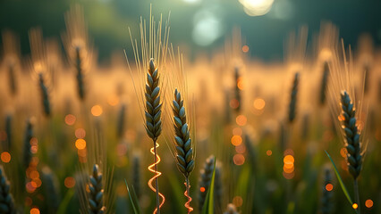 Wheat Field with Each Plant Containing Luminous DNA Strand and Genetic Modification Points Glowing in Vibrant Colors with Data Streams Flowing Between Plants