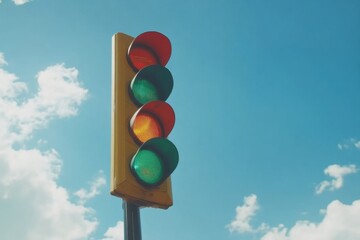 Traffic Light Against Blue Sky and Clouds Low Angle View of Urban Intersection Signal