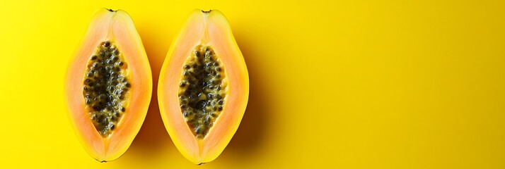 Papaya Halves Two papaya halves, seeds inside, on bright yellow. A vibrant, tropical fruit still life