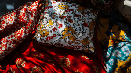 Fototapeta premium A vibrant arrangement of floral-patterned fabrics and cushions laid out in a sunlit setting, showcasing textures and colors