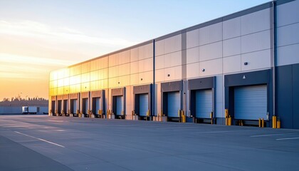 Obraz premium Modern Industrial Warehouse Exterior with Sunrise Reflection