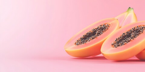 Ripe papaya halves, vibrant orange flesh, dark seeds, pink background