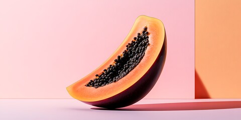 Ripe papaya slice, vibrant orange flesh, black seeds, pastel pink & orange background