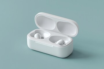 Modern wireless earbuds with open case isolated on a textured teal background