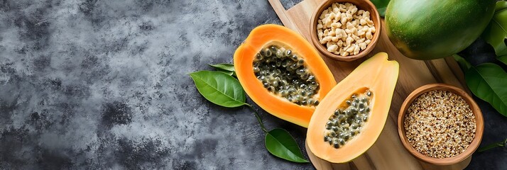 Two halves of fruit, green leaves, and wood bowls filled with seeds on a cutting board over a gray background
