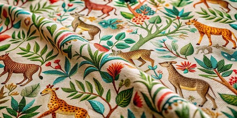 Intricate Animal Print Linen Fabric Texture - Aerial Photography Stock Photo