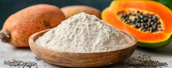 Light-colored powder in wooden bowl, with papaya and other fruits