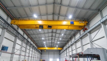 Obraz premium Industrial Warehouse Interior with Yellow Overhead Crane and Lighting