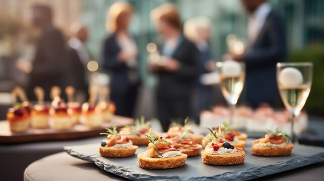 Buffet with appetizers, drinks, and blurred business people mingling outside
