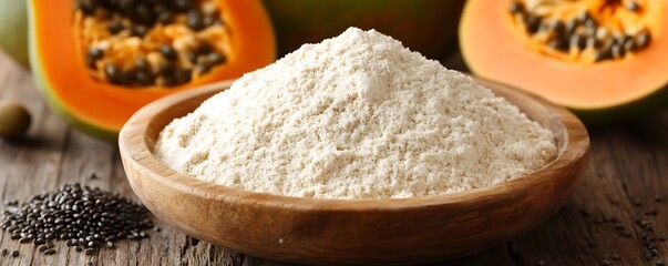 Bowl of light-colored powder, papaya halves, and chia seeds on rustic wood