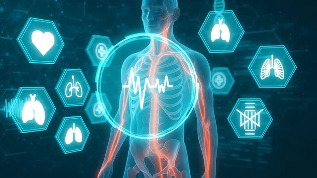 Digital Human Body Scan with Lungs and Heart Icons Representing Respiratory Health, Medical Checkup and Anatomy Interface

