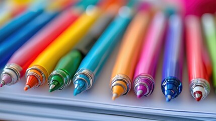Colorful Writing Instruments Lined Up on White Paper Celebrating Creativity and Expression in Art and Design