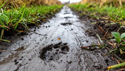 Obraz premium Fresh Animal Tracks on a Muddy Pathway in a Nature Setting