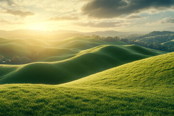 Obraz premium Rolling Green Hills Sunset Landscape Nature Scenery
