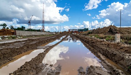 Muddy Construction Site with Puddles and Blue Sky Reflections
