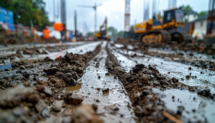 Obraz premium Construction Site with Muddy Ground and Heavy Machinery Equipment