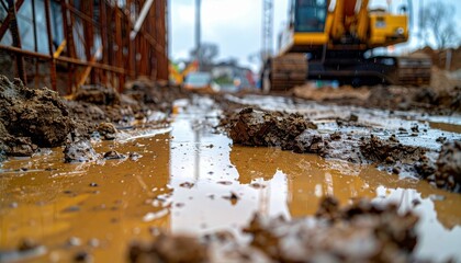 Naklejka premium Construction Site with Muddy Ground and Heavy Equipment Nearby