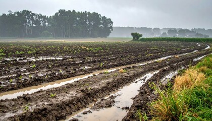 Wet Agricultural Field with Waterlogged Soil and Muddy Crop Rows