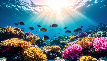 Underwater world filled with marine life, colorful coral reefs, and the sun's radiant rays
