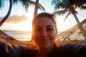 Person relaxing in a hammock surrounded by tropical green palm leaves in peaceful jungle nature scene created with generative ai
