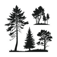 Silhouettes of pine, fir, and spruce trees, a vector set perfect for winter holiday and Christmas illustrations in a snowy forest landscape