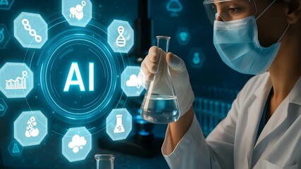 Scientist Holding Flask in AI-Powered Digital Lab Surrounded by Science Icons Representing Smart Experiment and Innovation - Powered by Adobe