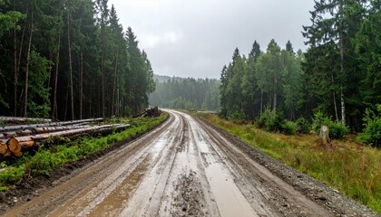 Fototapeta premium Serene Muddy Road Surrounded by Lush Green Forest After Rainfall