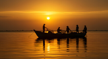 Silhouette of Fishermen in Boat at Sunset