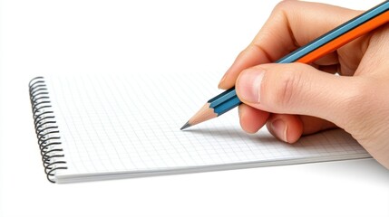 Hand Holding Pencil Above Blank Spiral Notebook With Grid Paper Ready for Writing or Sketching Ideas