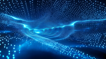 A 3D rendering of a blue futuristic space features an abstract background with a series of connected dots and lines