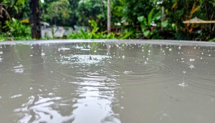 Fototapeta premium Raindrops Create Ripples on Still Water Surface in Green Landscape