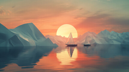 Fototapeta premium A surreal sunset landscape featuring geometric mountain formations and boats on a tranquil body of water, capturing a harmonious blend of nature and abstract design.