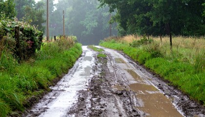 Fototapeta premium Tranquil Rural Pathway with Muddy Track in Misty Rainy Conditions